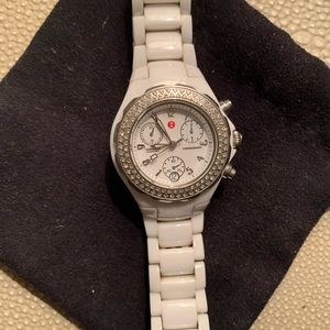 Beautiful silver and diamond Michele watch with white acrylic band. Hardly worn.